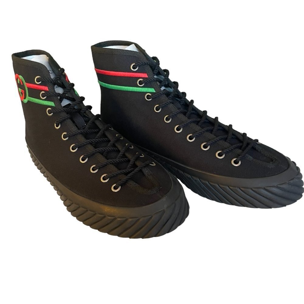 GUCCI MEN'S SNEAKER "SEPANG" BLACK CLOTH GG HIGH TOP 733033 - SIZE GUCCI 7.5 - Picture 10 of 15
